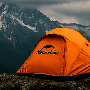 چادر و تجهیزات برند نیچرهایک در فضای جنگلی با نور طبیعی صبحگاهی