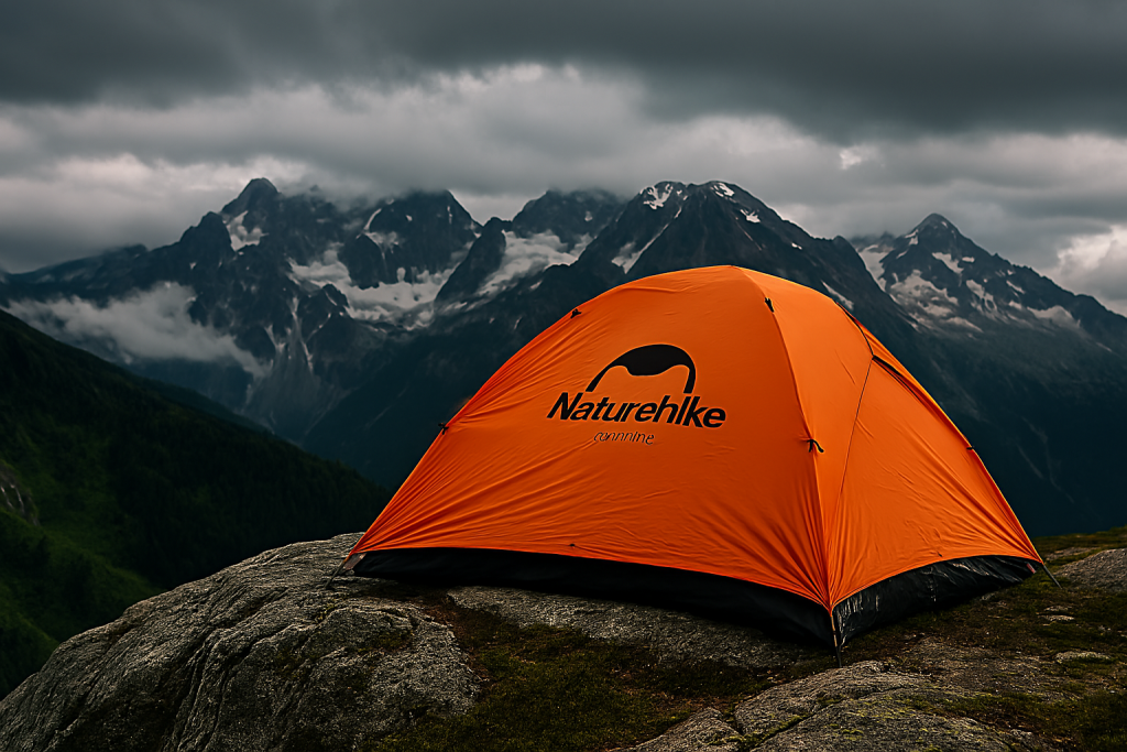 چادر نارنجی برند نیچرهایک برپا شده روی قله کوه با منظره‌ای از کوه‌های برفی