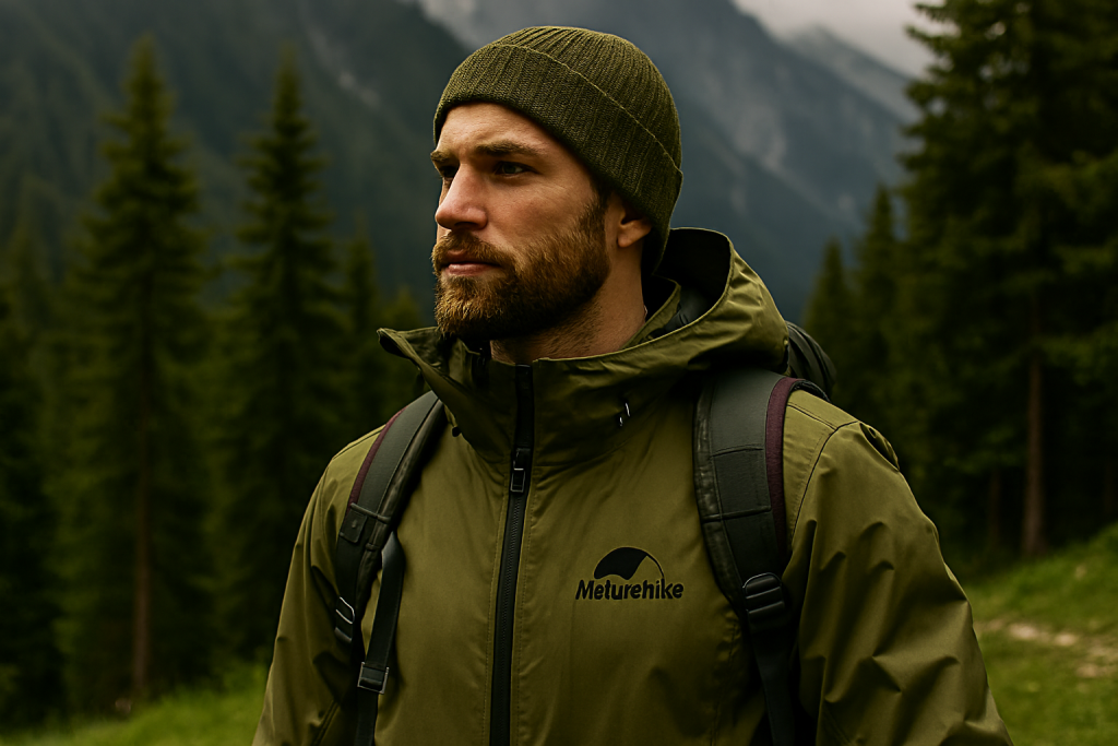 مردی با کاپشن ضدآب برند نیچرهایک ایستاده در جنگل کوهستانی