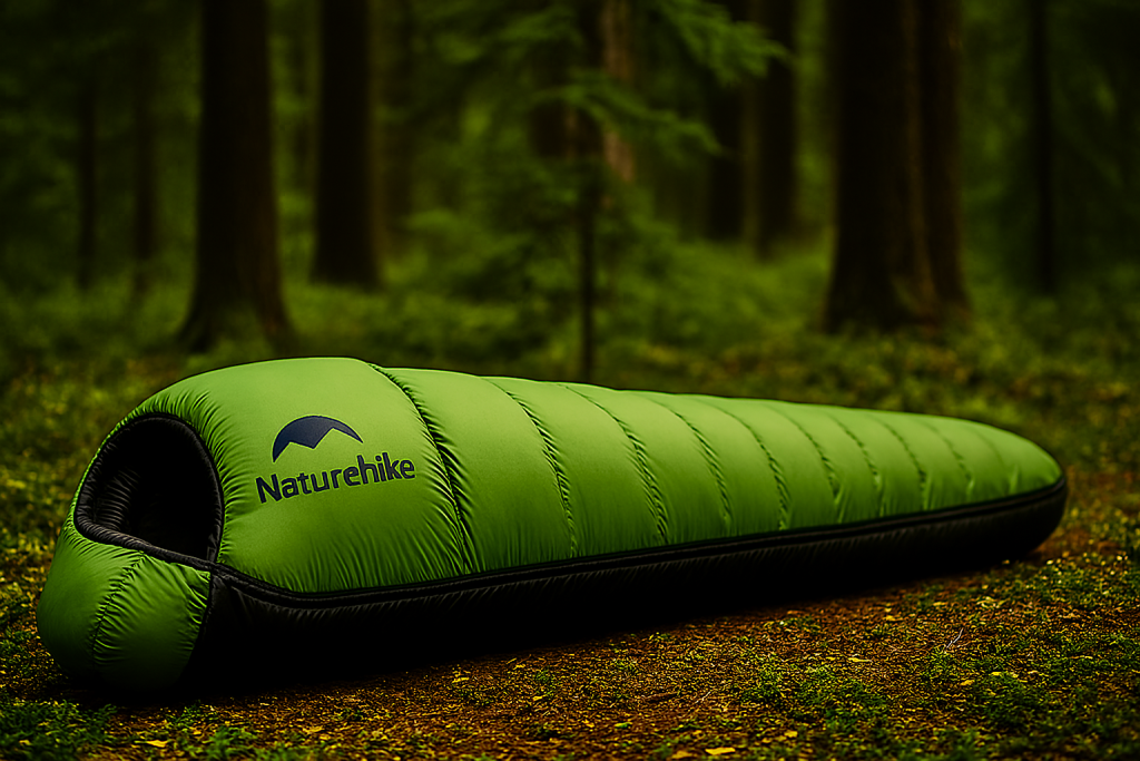 کیسه خواب سبز برند نیچرهایک پهن‌شده روی زمین جنگلی پوشیده از خزه و برگ