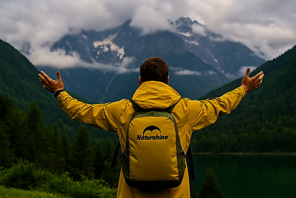 مردی با کاپشن زرد نیچرهایک ایستاده روی قله کوه با منظره‌ای از جنگل و کوهستان