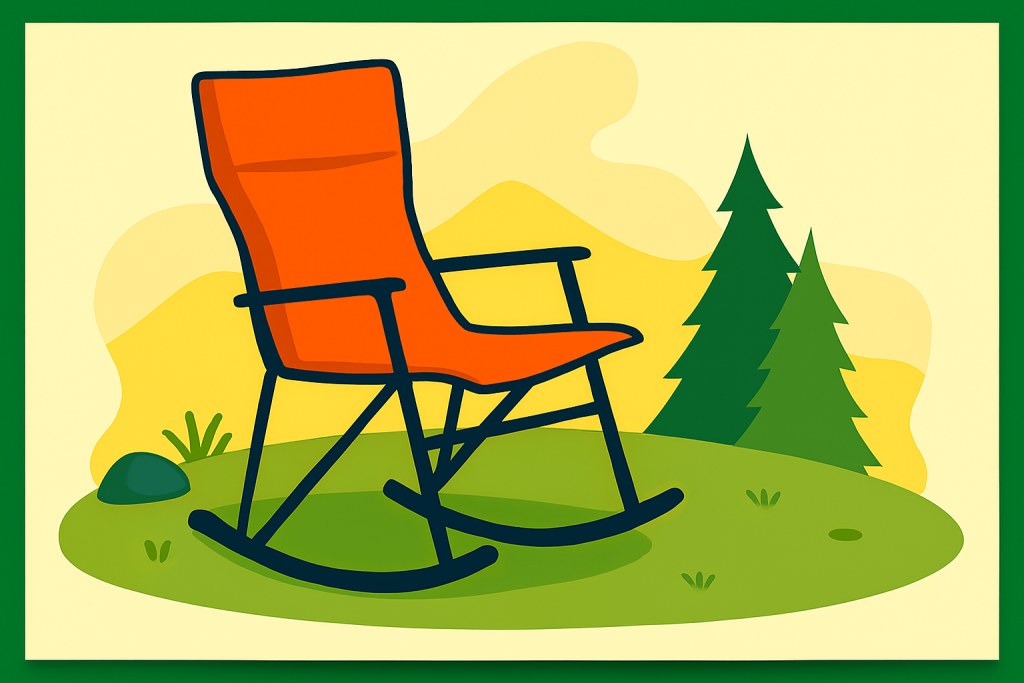 تصویر صندلی گهواره‌ای کمپینگ نارنجی با پایه منحنی در فضای طبیعت با تپه‌های سبز و درختان کاج