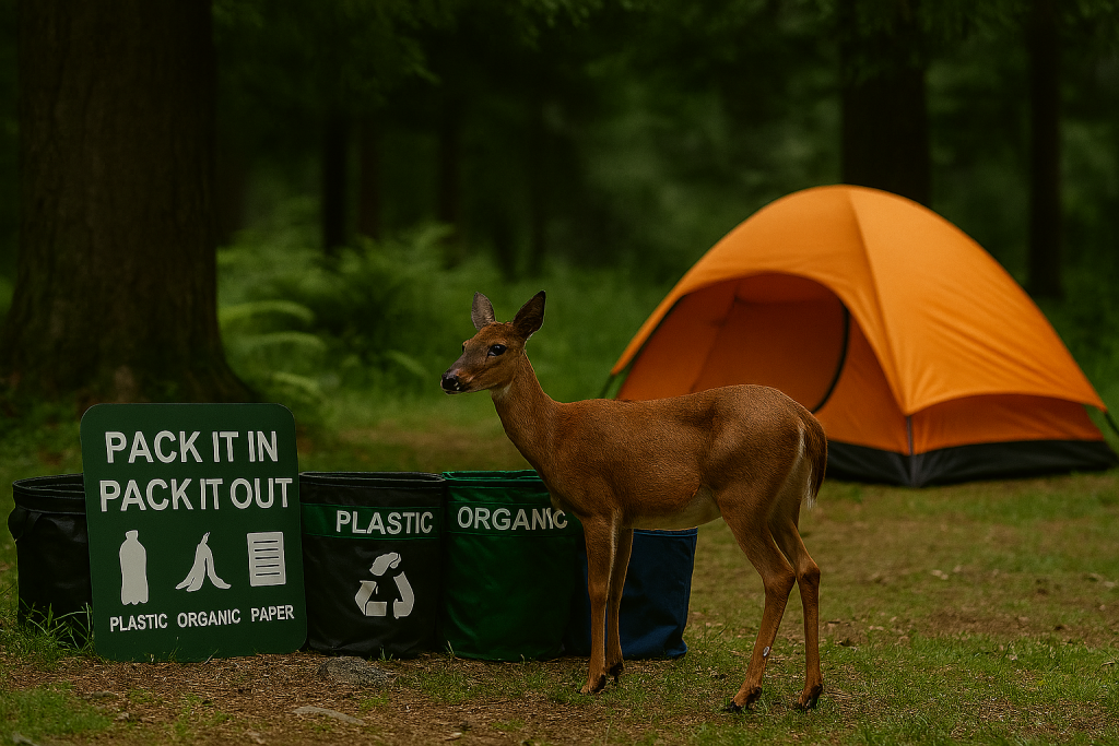 گوزن در نزدیکی چادر کمپینگ، نمادی از احترام به حیاتوحش در سفرهای طبیعتگردی مسئولانه